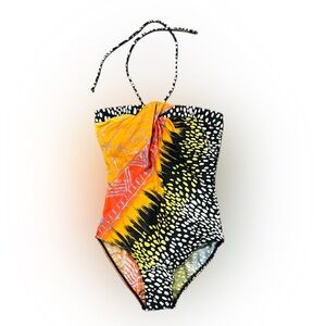 Vintage One Piece Swimsuit, women’s size 10. Black, Orange, Yellow. Tie neck